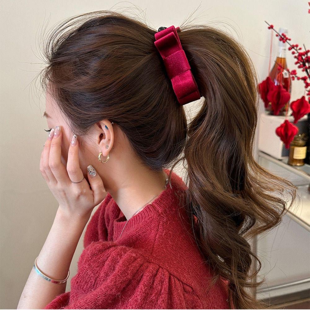 Cloth Red Velvet Bow Hair Clip Hair Clips Bow Vertical Clip Headdress Bowknot Banana Clip  Girls