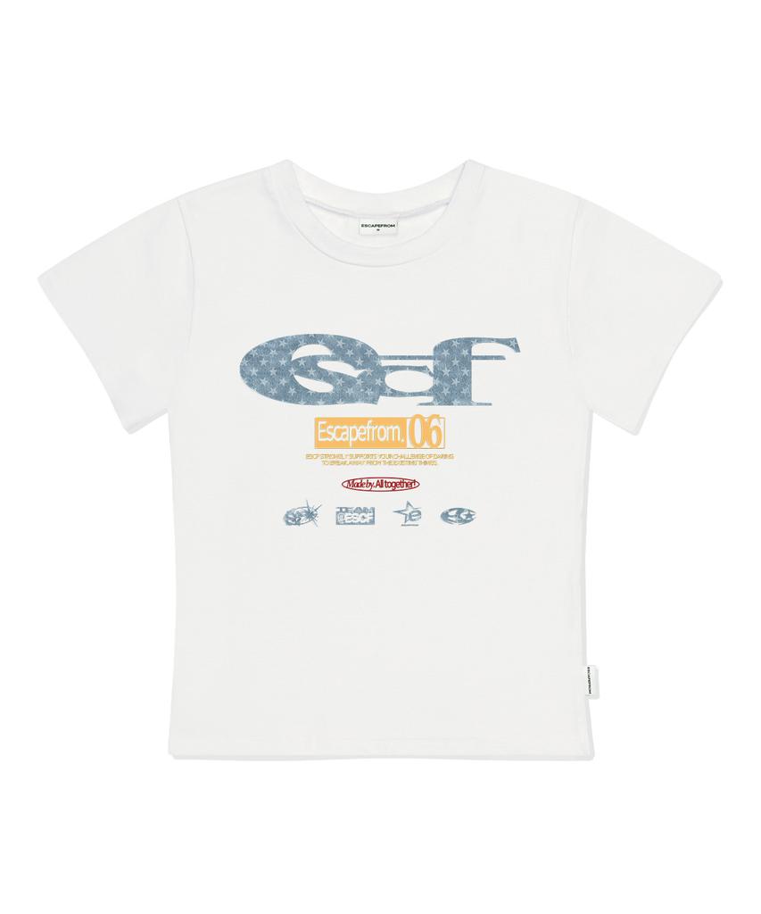 ESCAPEFROM Star Denim Escf Logo Collage Print Slim Fit Short Sleeve T-Shirt Ivory