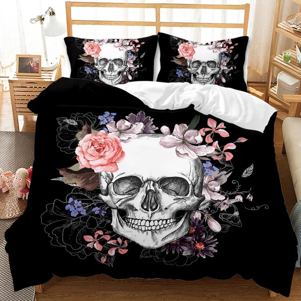 Skull Duvet Cover 3D Skeleton Floral Skull Pattern Printed Bedding Duvet Cover, Lightweight Microfiber Gothic Bedding Queen Size