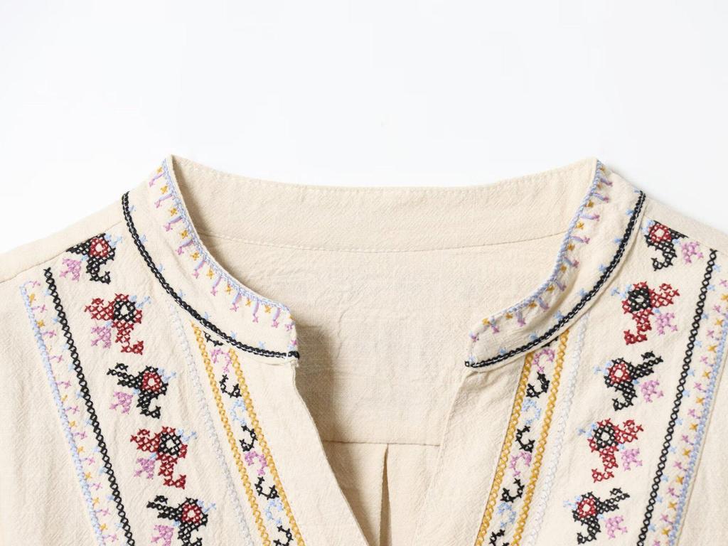 Z Grenzüberschreitendes Französisches V-Ausschnitt Besticktes Langarm Ethno-Oberteil für Frühling/Sommer