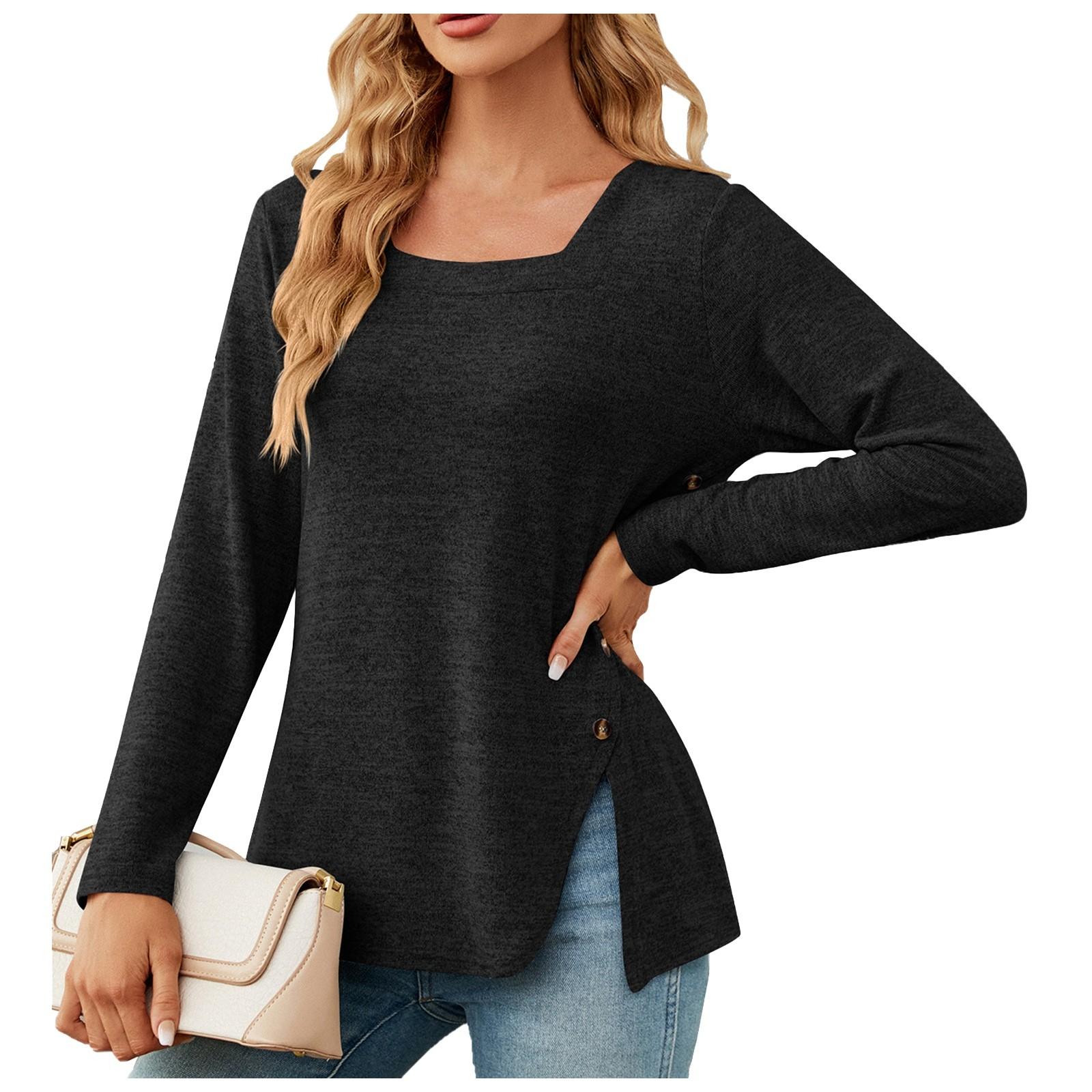 

Женская модная футболка с квадратным вырезом и пуговицами, свободный однотонный топ с длинным рукавом L чёрный