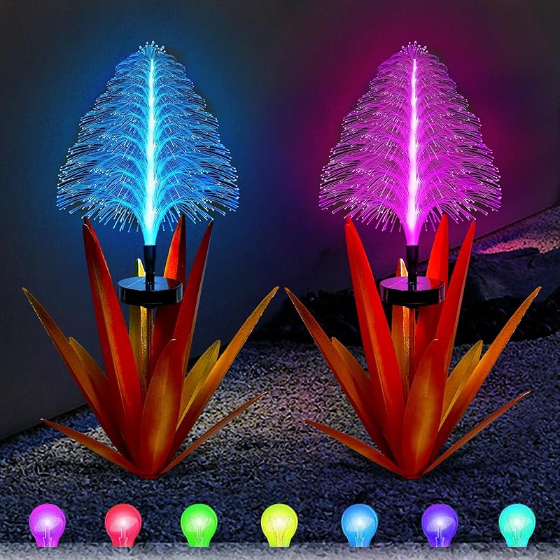 Metal Outdoor Decoration Gift Metal Agave Plants Outdoor Decor, Metal Agave Yard Art Garden Lights Solar Outdoor, 7 Color Changing Garden Yard