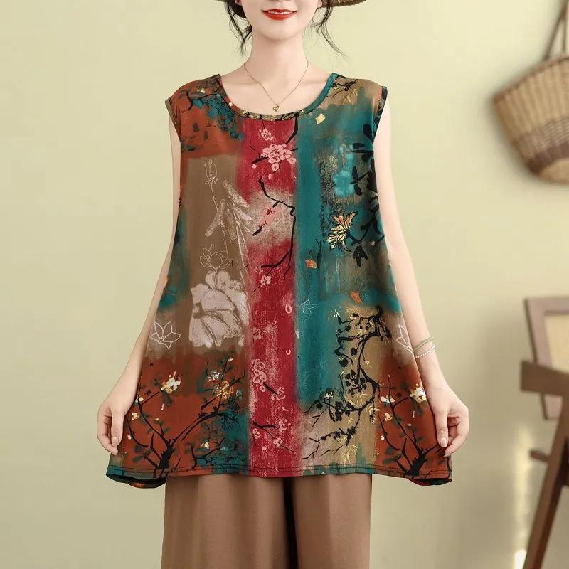 

New A-line Thin Loose Women s T-shirt Chinese Style Printed Top Versatile Elegant Tank Top L бежевий