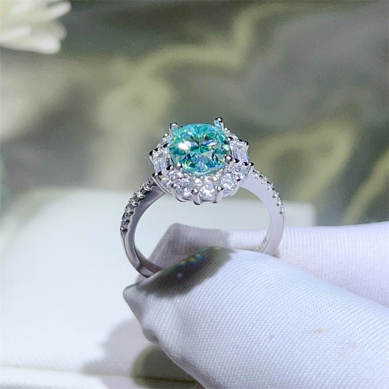 Paraiba Grüner Moissanit Damenring - S925 Silber, Europäischer & Amerikanischer Modeschmuck, Buntes Design