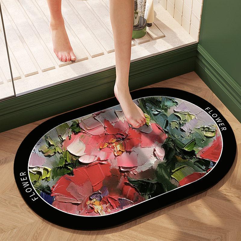 Garden Flowers Soft Diatom Mud Mat Toilet Washroom Slip-resistant Mat Oil Painting Restroom Moisture-wicking Foot Mat