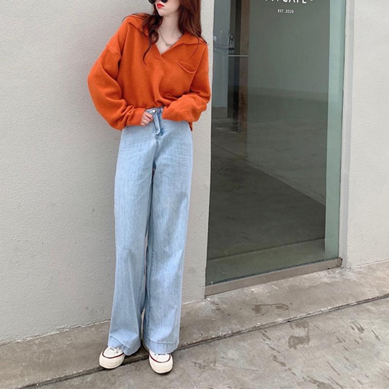 Hirsionsan oříznuté volné, jednobarevné pletené svetry s výstřihem do V, dámské Nové korejské kauzální retro svetry Minimalistické svetry s dlouhým rukávem