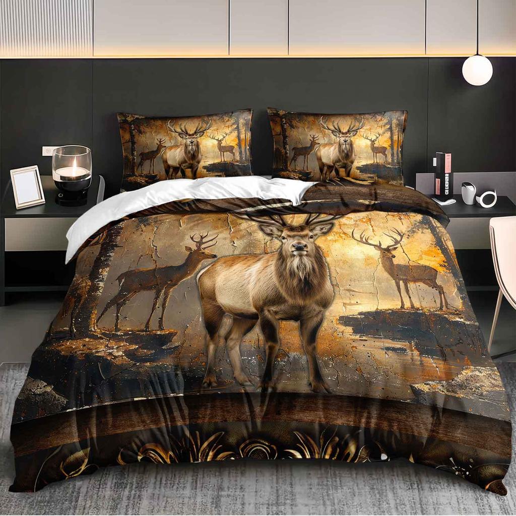 3pcs Elk Deer Bedding Set - Rustic Brown/Beige/Golden Forest Animal Bedspread with Elk & Stag Design, Brushed Soft Bedspread