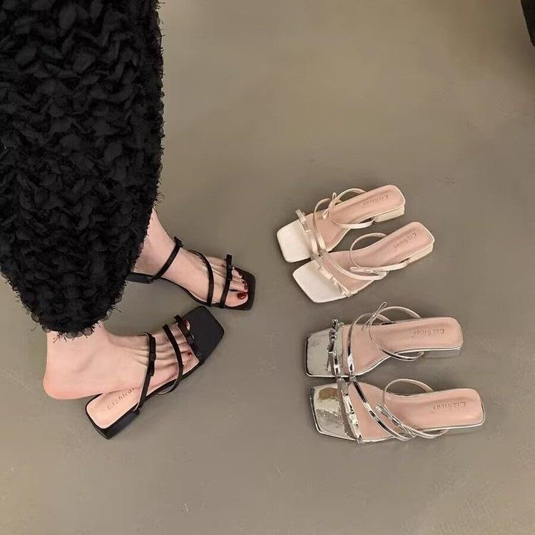 French Evening Breeze Bow High Heels Silver Sandals Female Summer Wear Thick Heels Cool Slippers with Skirt Fairy Shoes