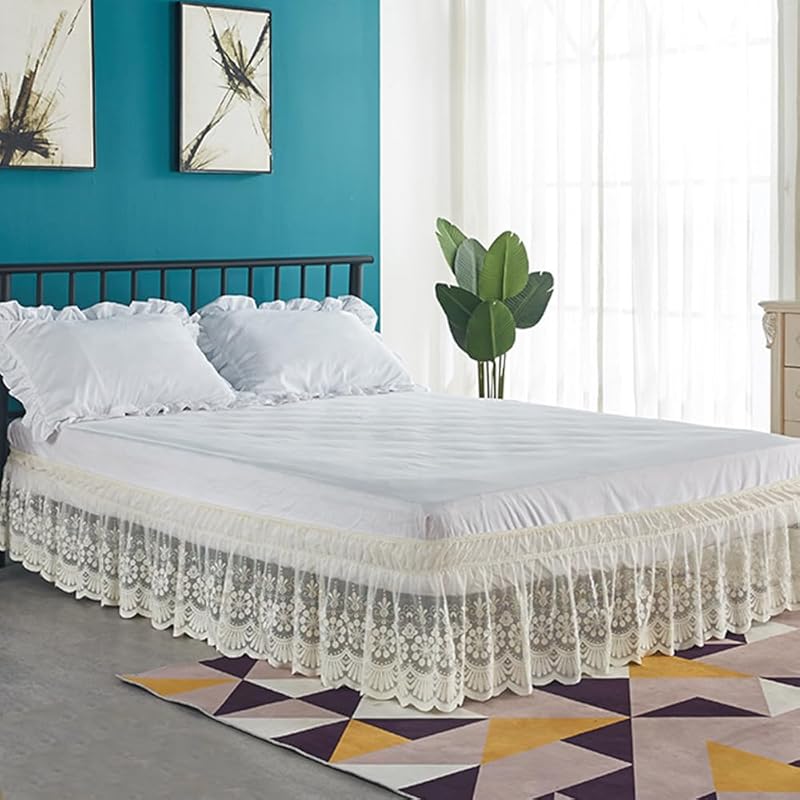 White Lace Bed Skirt for Queen Bed - 15in. Drop, Easy Fit Ruffle Bedskirt Wrap Around Bed Skirt, Anti Wrinkle & Fade Resistant