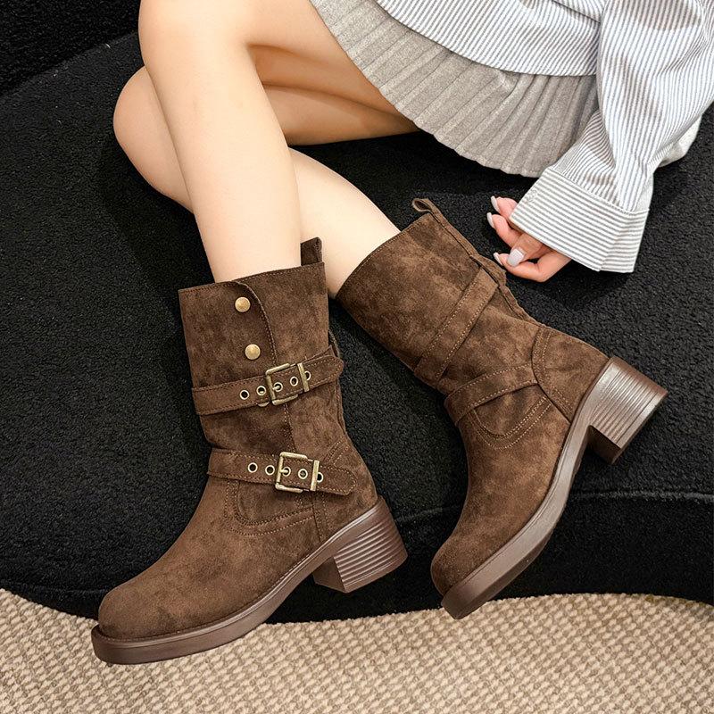 Fashion retro western pile boots women's autumn and winter new thick heel British style belt buckle short knight boots