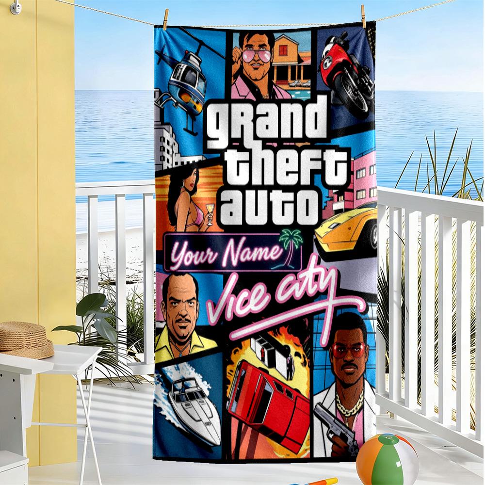 Gta Customizable Name Beach Towel Quick-Dry Soft Microfiber Ideal for Travel Outdoor Swim Pool Yoga Surf Camping Hiking Gym Gift Holiday
