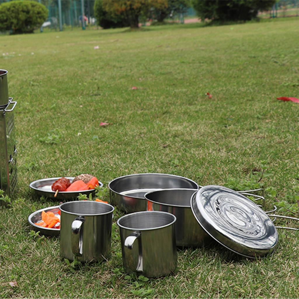 Σετ από Ανοξείδωτο Ατσάλι για Κάμπινγκ Εξωτερικού Χώρου, Αναδιπλούμενο Σετ Κατσαρόλων, Σετ 8 τεμαχίων, Πιάτο Πικνίκ Εξωτερικού Χώρου, Μπολ, Κούπα, Σετ Επιτραπέζιων Σκευών