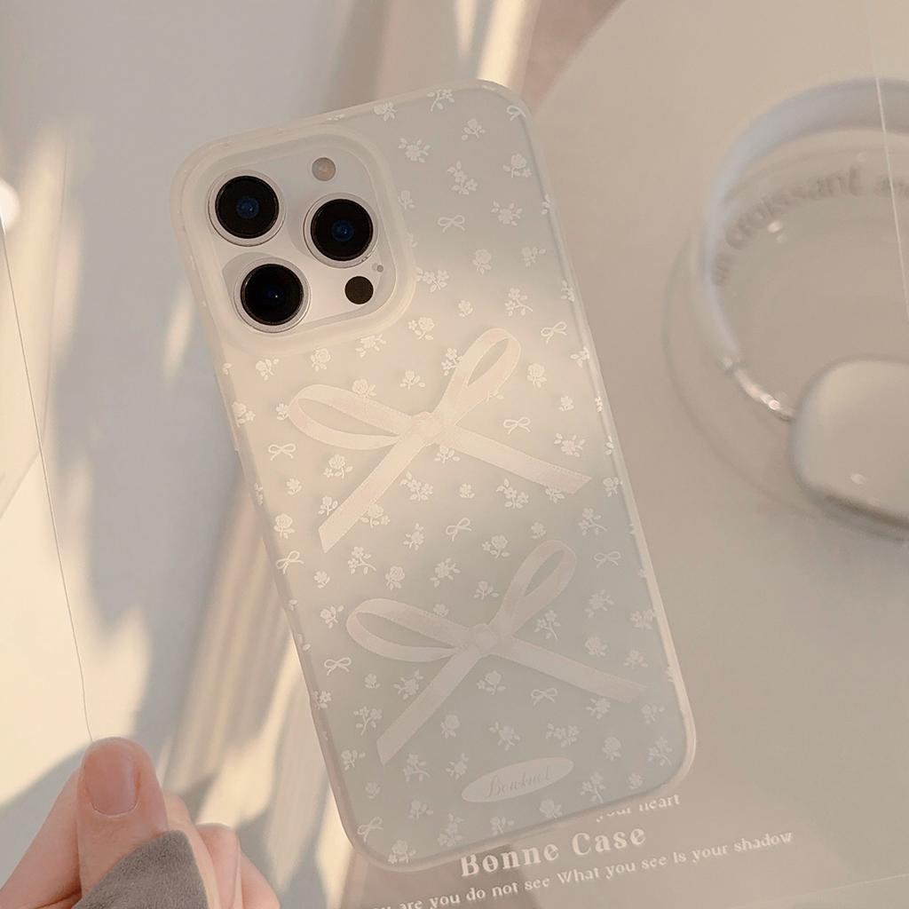 Super Fairy Ins Style Suitable for Apple 16 Mobile Phone Case 17pro Max Floral Bow Iphone14 Frosted White 13
