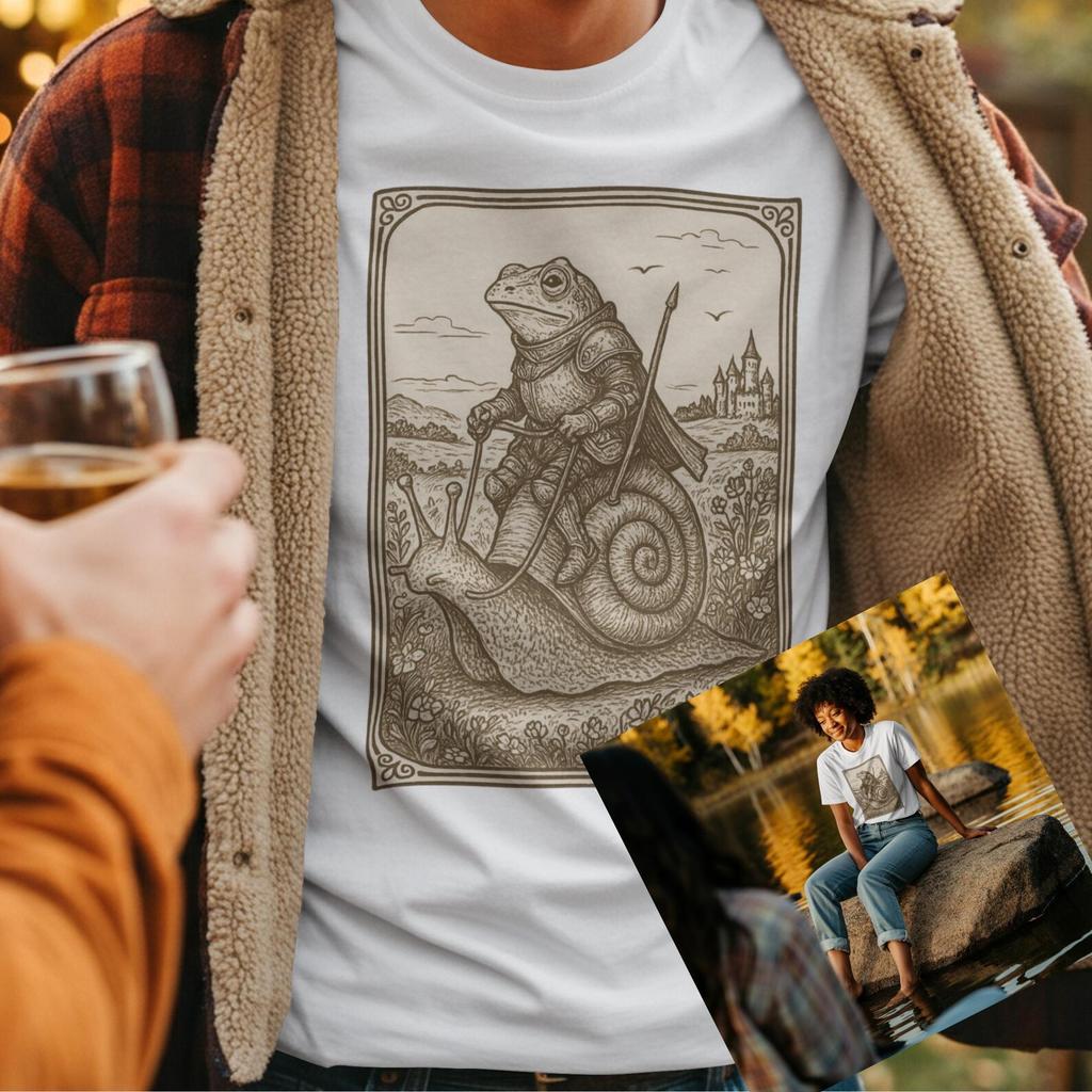 Medieval Frog Knight Riding a Snail – Vintage Fantasy Illustration T-Shirt.