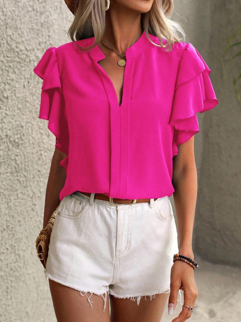 2026 European and American Women's Summer V-neck Casual Ruffle Short Sleeve Solid Color Shirt Top