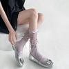 Japanischer Stil Schimmerndes Netz Spleißende Gerippte Über die Wade Socken für Damen Mädchen Niedliche Schleife Schleifenknoten Lange Strümpfe