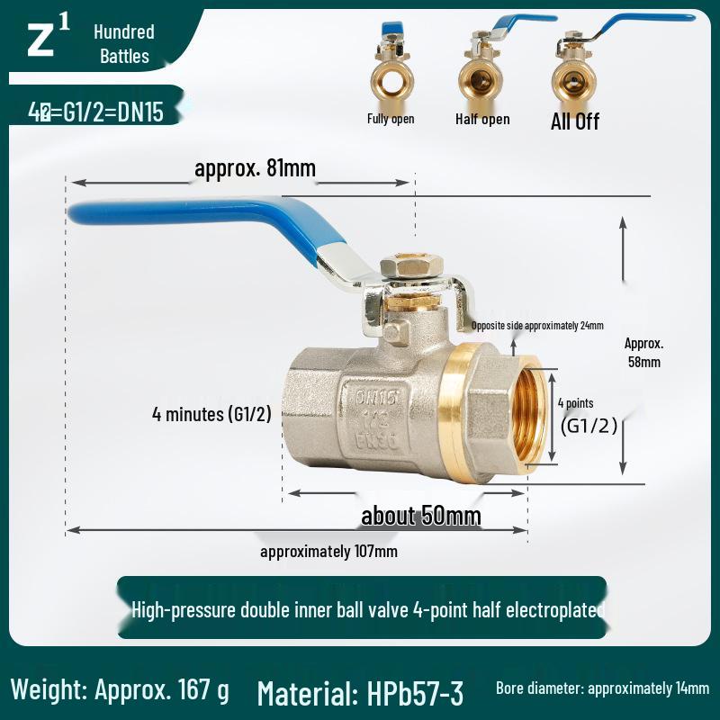 Double Internal Thread High-Pressure Ball Valve, All-Copper, Large Flow, 4/6 Points, Two-Piece.