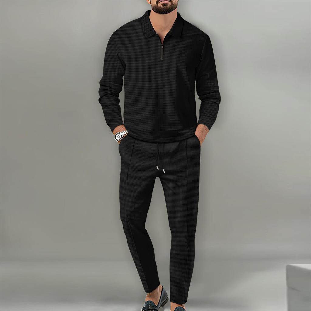 Men's Autumn 2026 Waffle Knit Set: Long Sleeve Sport Casual with Turn-down Collar and Zipper