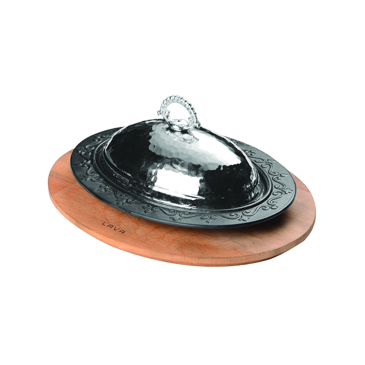 

Lava Cast Iron Oval Serving Plates And Bowls. With Wooden Platter 28X20cm.