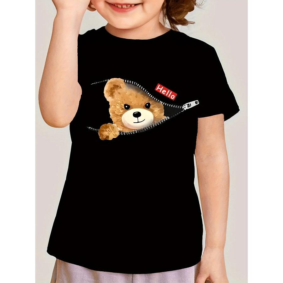 Kreskówkowy Kot i Niedźwiedź Graficzny Nadruk Kreatywne T-shirty Wygodny Okrągły Dekolt Krótki Rękaw T-shirt Odzież Dziecięca Letnie Bluzki Dziewczęce