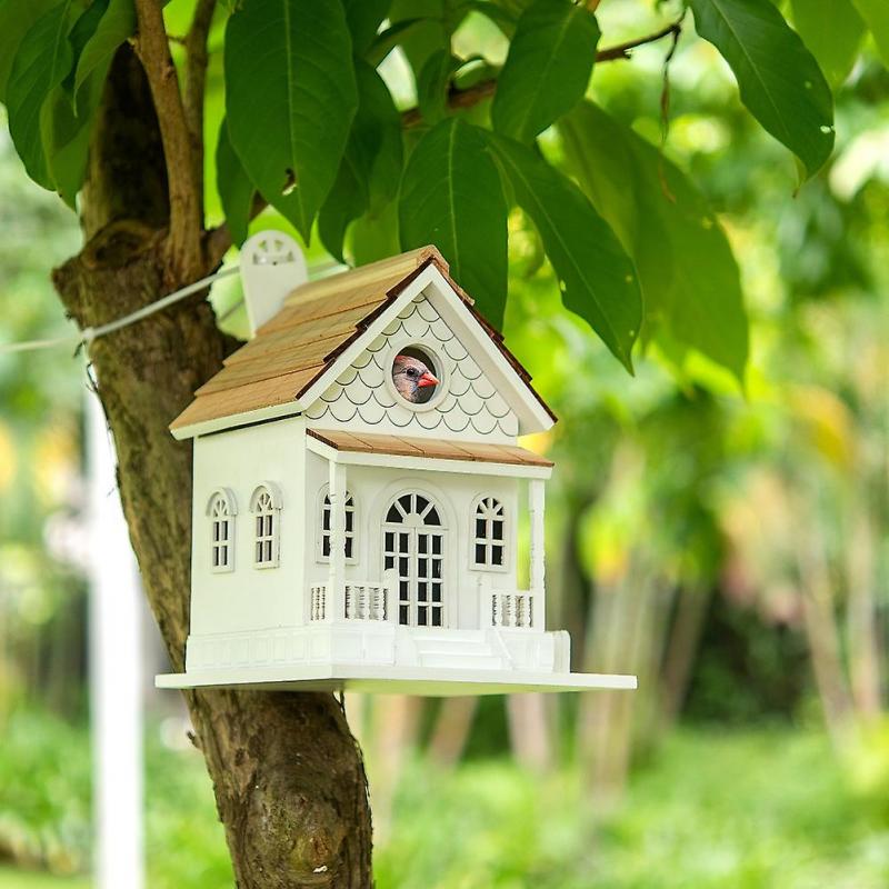Outdoor Decorative Wooden Birdhouse – Handmade Miniature Villa Style, Blue Roof, Porch and Balcony – Garden or Backyard Wild Bird Decoration