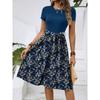Women's Fashionable Retro Patterned Printing Color Blocked Belt Casual Dress