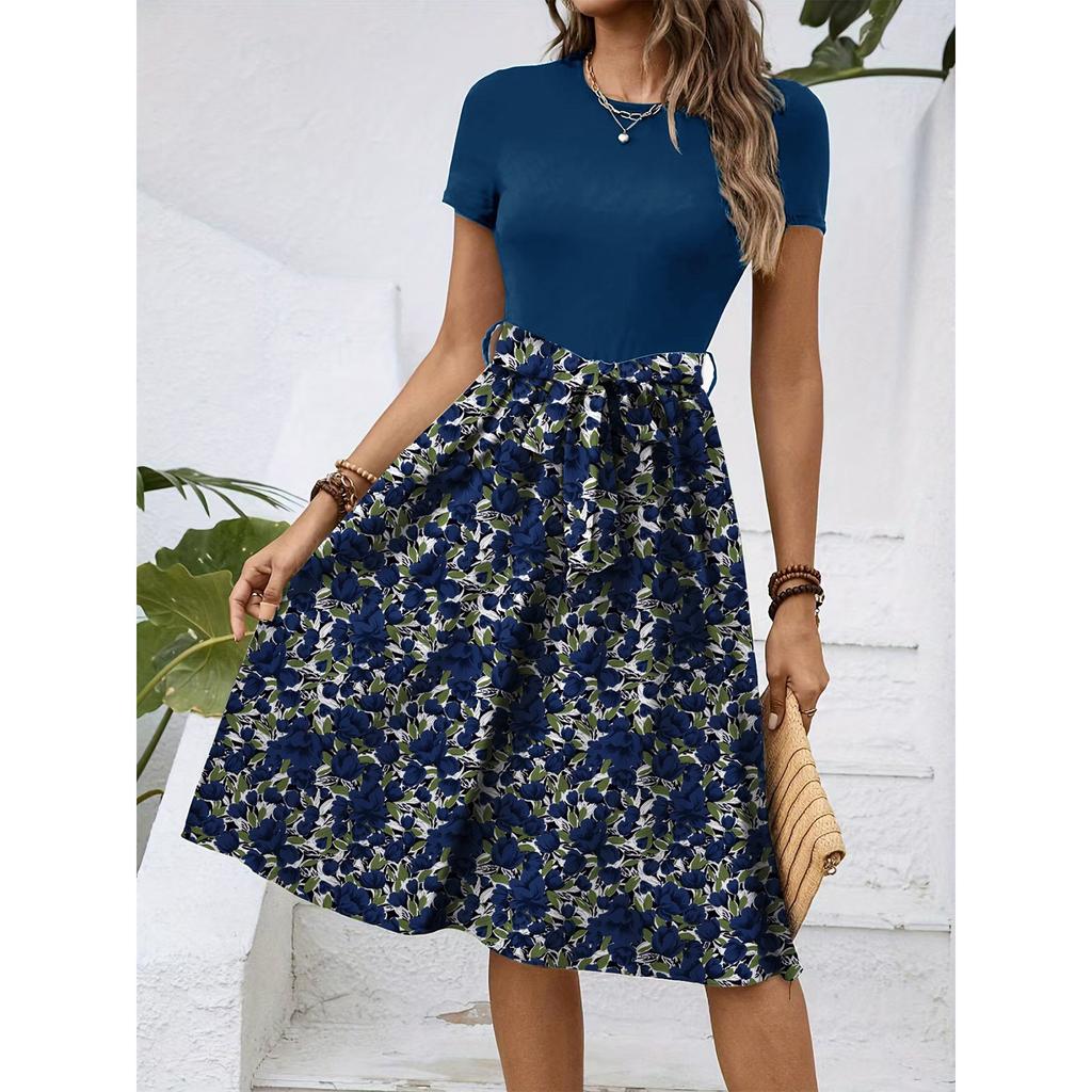Women's Fashionable Retro Patterned Printing Color Blocked Belt Casual Dress
