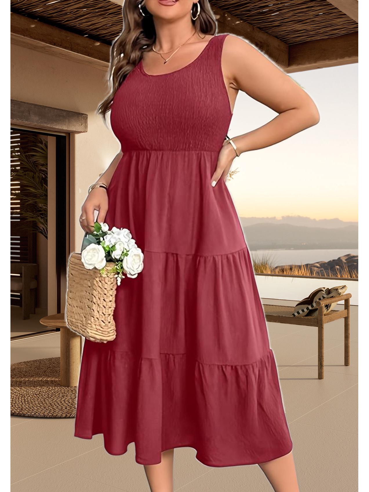 

Женское платье с плиссированной юбкой и пэчворком, лето 2025 - Европейский и американский стиль 4XL вино красного