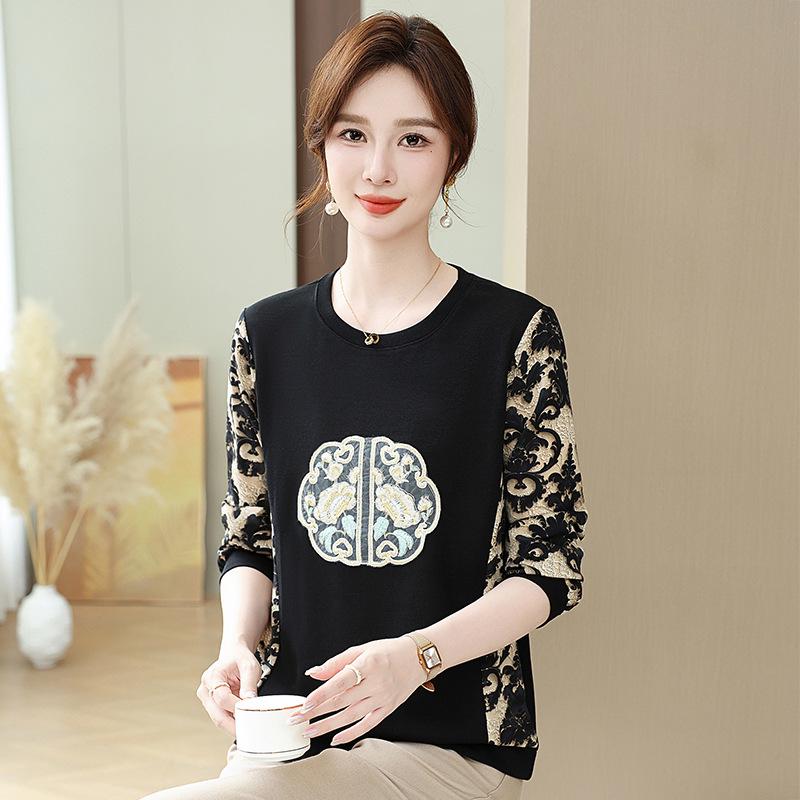 Frühlings-Besticktes Langarm-Freizeit-T-Shirt für Frauen mittleren Alters & ältere Frauen - Chinesischer Stil, Atmungsaktiv & Lockerer Schnitt