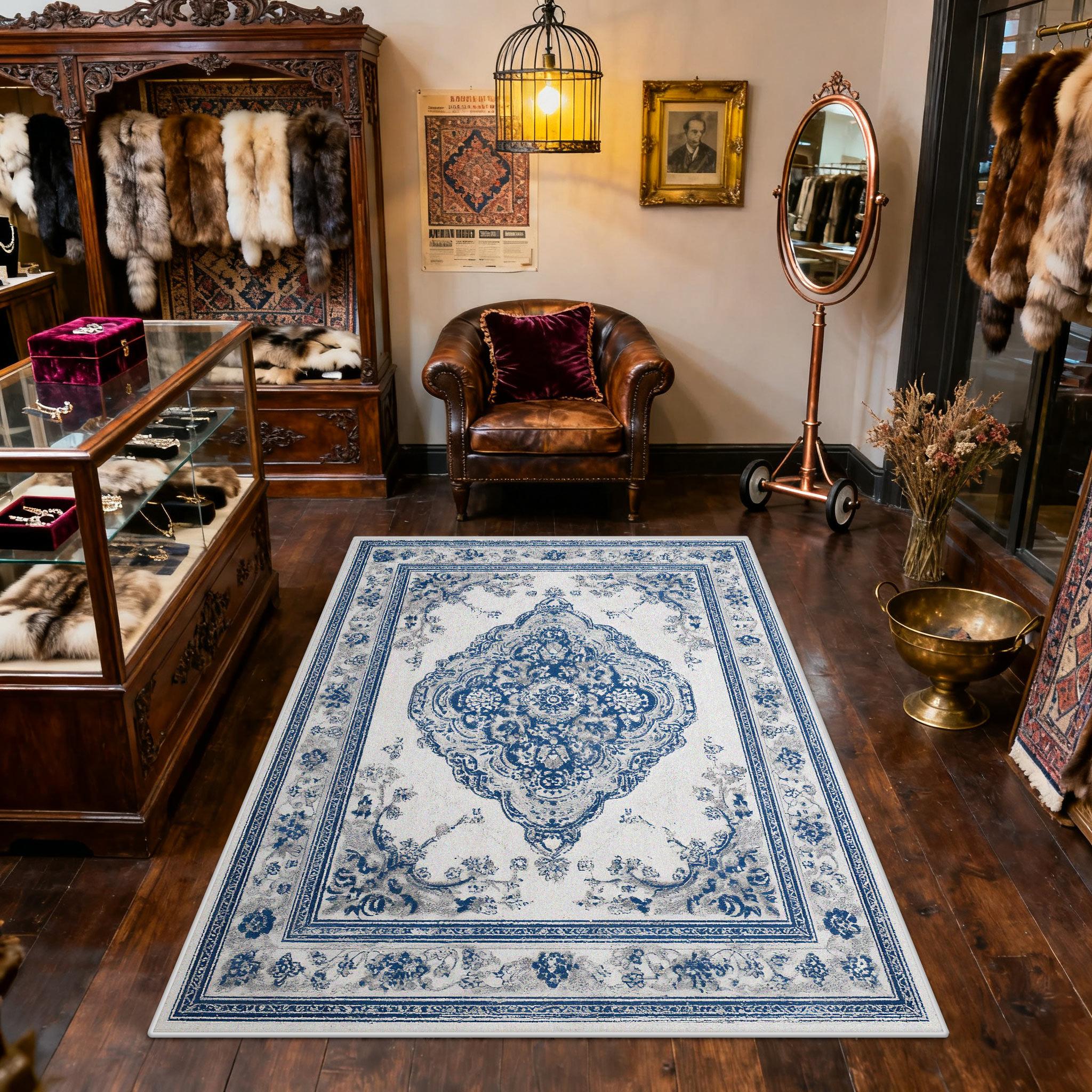 

European Rococo Art Blue Retro Fluffy Store Carpet Easy Cleaning Soft Luxury Living Room Rug Large Area Short Velvet Floor Mats 60x90cm