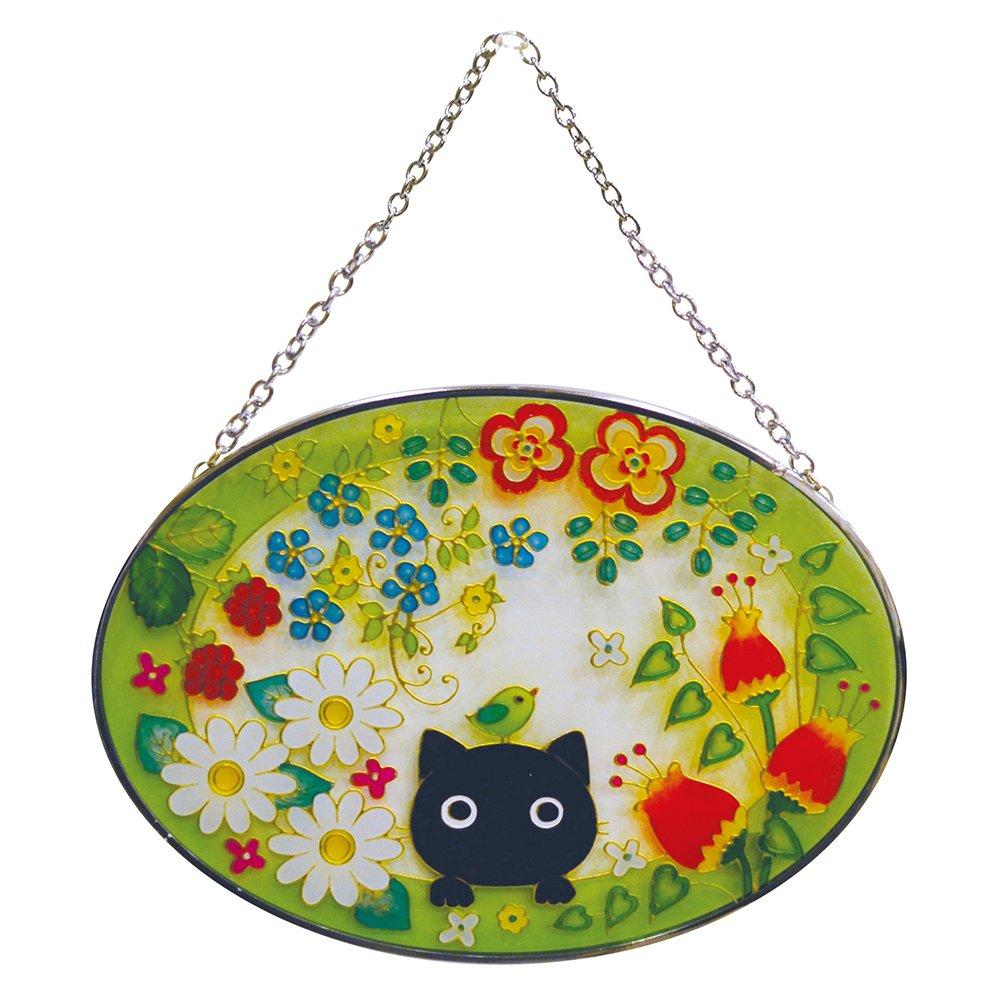 Fourcart Cute Handmade Glass Stained Frame Cat and Flower Oval