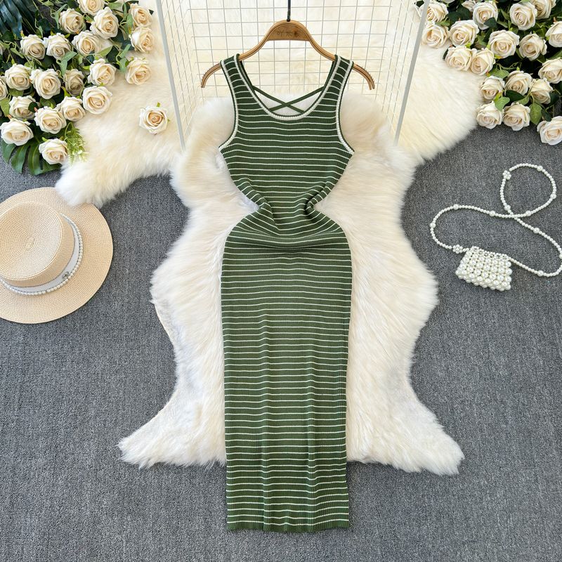 

Stripes Waist-Controlled Base Inner Wear Vacation Spaghetti Straps Dress Green All yards