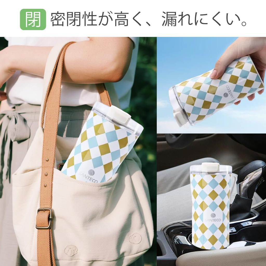 SANTECO 350ml Edelstahl Weithals Vakuumisoliertes Trinkgefäß mit Hält Heiß oder Kaffee Wasser Outdoor Blaues Gitter Deckel, Kalt, Tasse, Flasche, Becher,