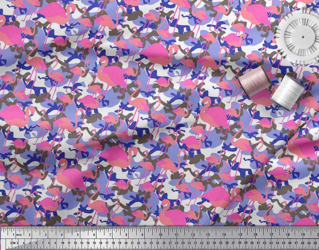 Soimoi Japan Crepe Satin Fabric Camouflage Texture & Flamingo Bird Printed Craft Fabric by the Metre 42 Inch