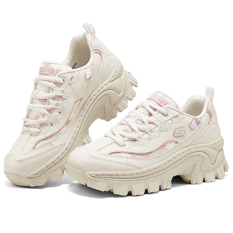 Skechers Chaussures Gâteau au Miel à Lacets Maille Respirante Augmentant la Hauteur Basse Papa Chaussures Baskets Femmes Blanc Rose 177229-WPK