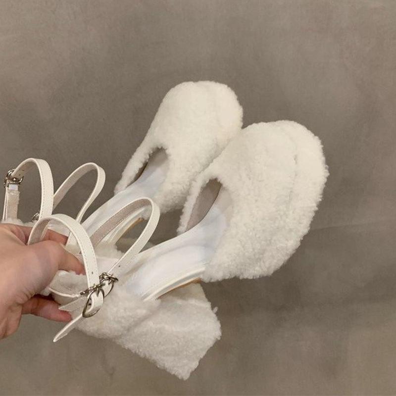 Fur High Heels Women Mary Jane Shoes Designer Chunky Woman Shoes  Elegant Autumn Sandals Pumps Dress Luxury Mujer