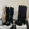 Winter Designer Pleated Splicing Round Toe Women Knee High Boots Fashion Platform Square Heels Shoes  De Mujer