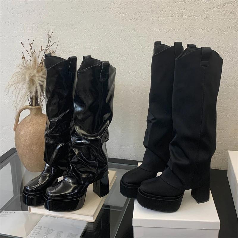 Winter Designer Pleated Splicing Round Toe Women Knee High Boots Fashion Platform Square Heels Shoes  De Mujer