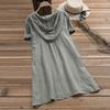 Fashion Women's Cotton And Linen Fake Pocket Drawstring Hooded Short Sleeve Solid Color Button Dress