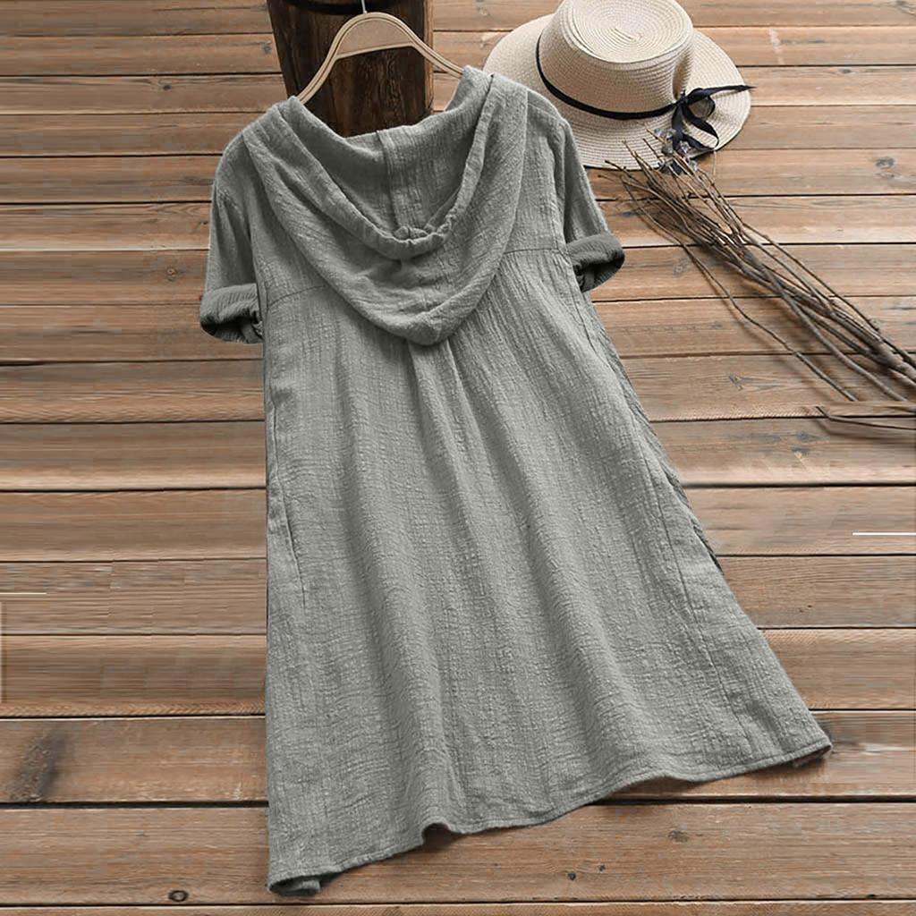 Fashion Women's Cotton And Linen Fake Pocket Drawstring Hooded Short Sleeve Solid Color Button Dress