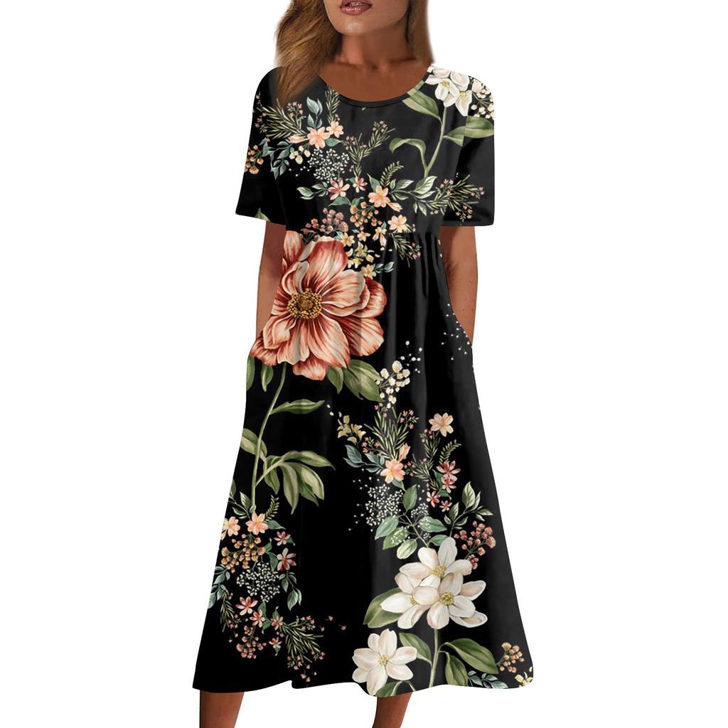 Women's Casual Dresses Printed Dresses Summer Dresses Printed Pleated Round Neck Midi Dresses Basic Classic Outdoor Daily Short Sleeve Loose Dresses