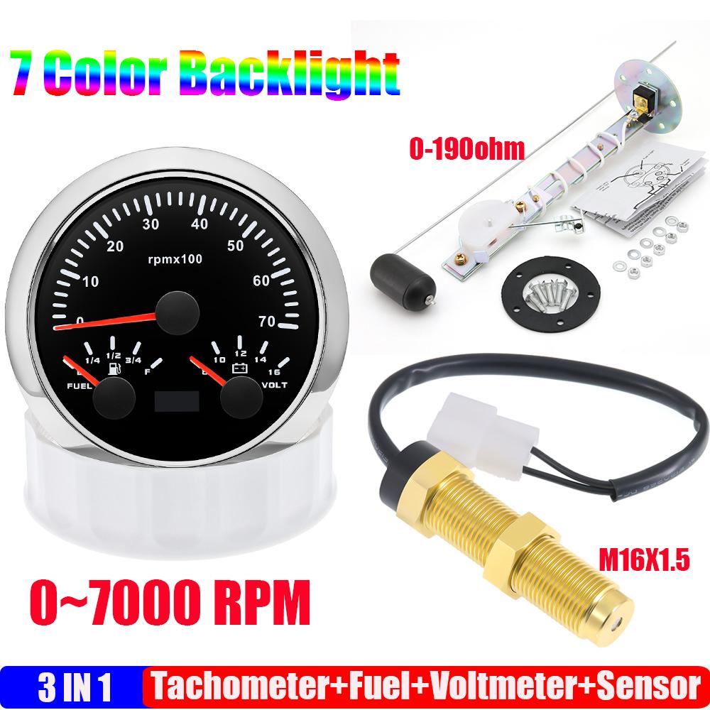 85mm Auto Car Gauge 3-in-1 Tachometer Fuel Level Voltmeter 7 Color Light Multimeter with Sensor 0-190ohm Boat/Yacht 12V