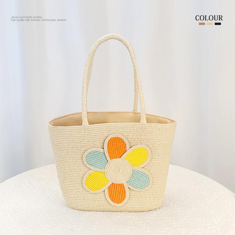 Simple Flower Color Blocked Pattern Women Large Capacity Woven Tote Bag For Summer Casual Use