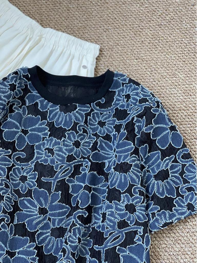 Orange Zhi Xia Summer Lace Cutout Jacquard T-shirt - High-end Round Neck Pullover Top