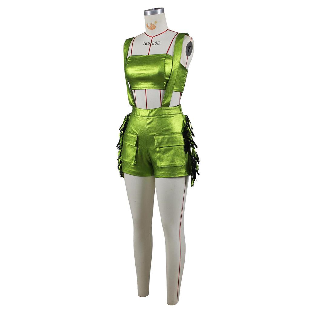 European and American Women’s Metallic Bandeau Fringe Suspender Shorts Set
