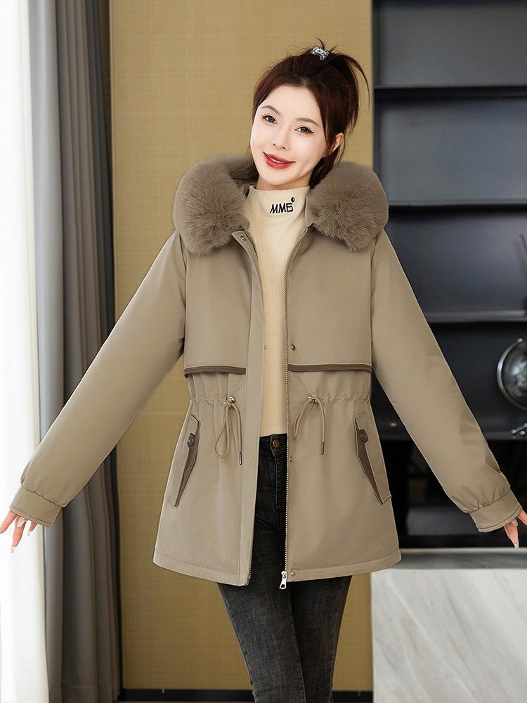 Kışlık yeni kalınlaştırılmış sıcak turta kadın orta ve uzun bel kürk yakalı pamuklu ceket moda çok yönlü trend