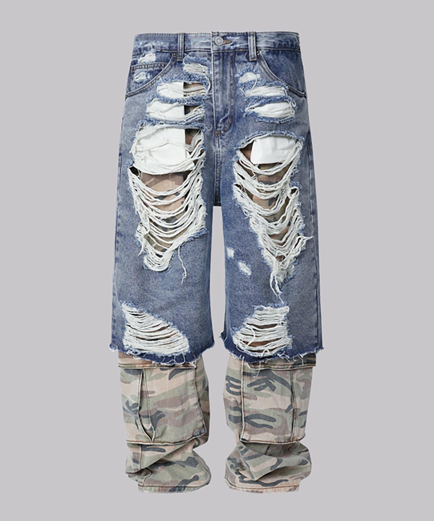 Koneobeulleseu Camo Layered Denim Pants Mid