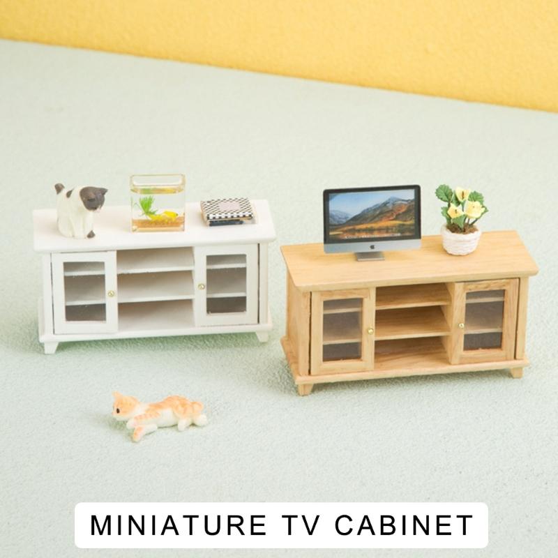 Fashionable Dollhouses Miniature Sturdy Wood TV Stand 1/12 Scale Living Room Furniture Pretend Play Accessory for Kids