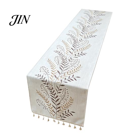 Floral Embroidery Table Runner Embroidered Runner, Elegant Dining Cover, White Rustic Durable for with Tassels Home Wedding Bridal Shower Decor