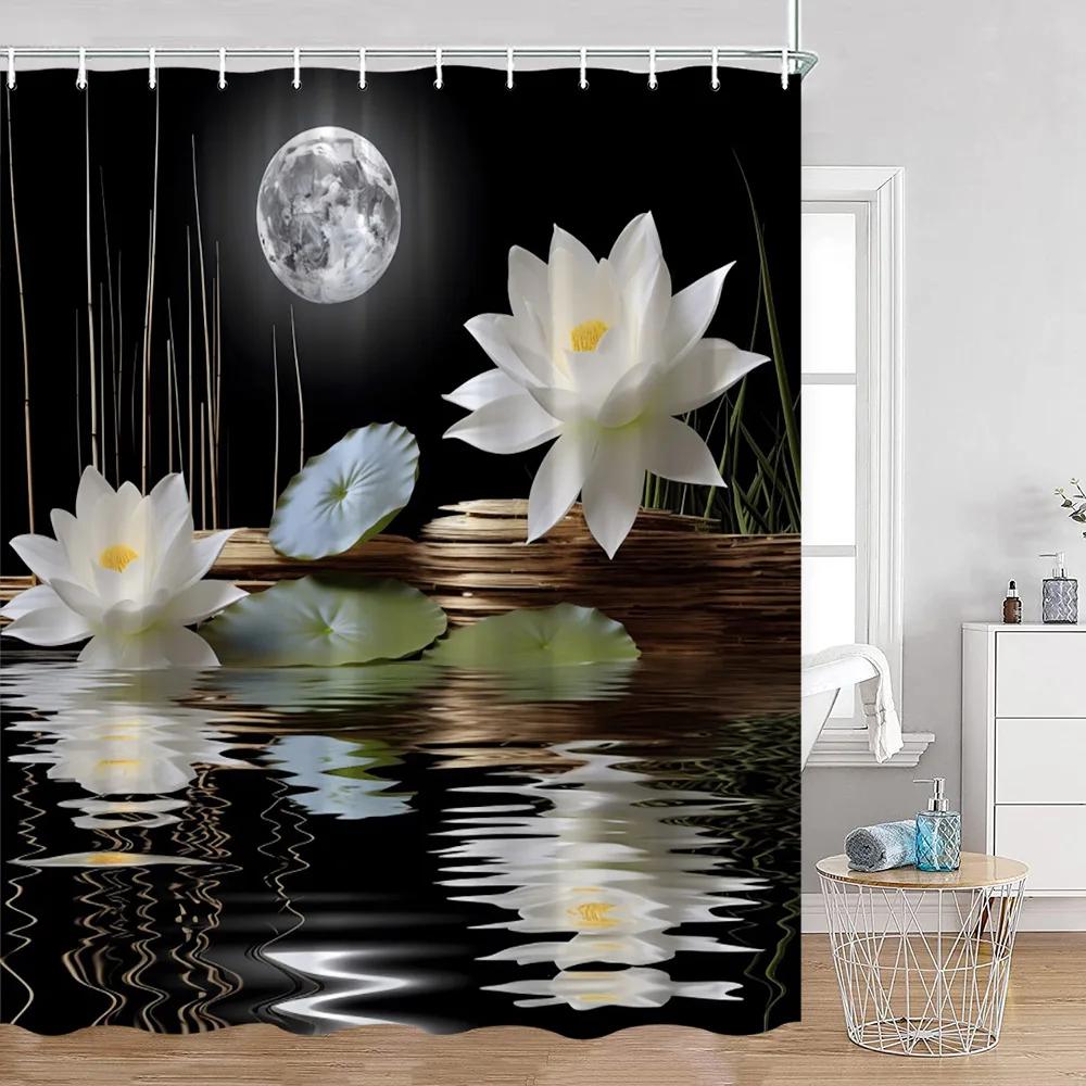 Zen Shower Curtains Black Stone Green Bamboo Lotus Spa Candle Purple Orchid Natural Leaf Bathroom Curtain Meditation Bath Decor